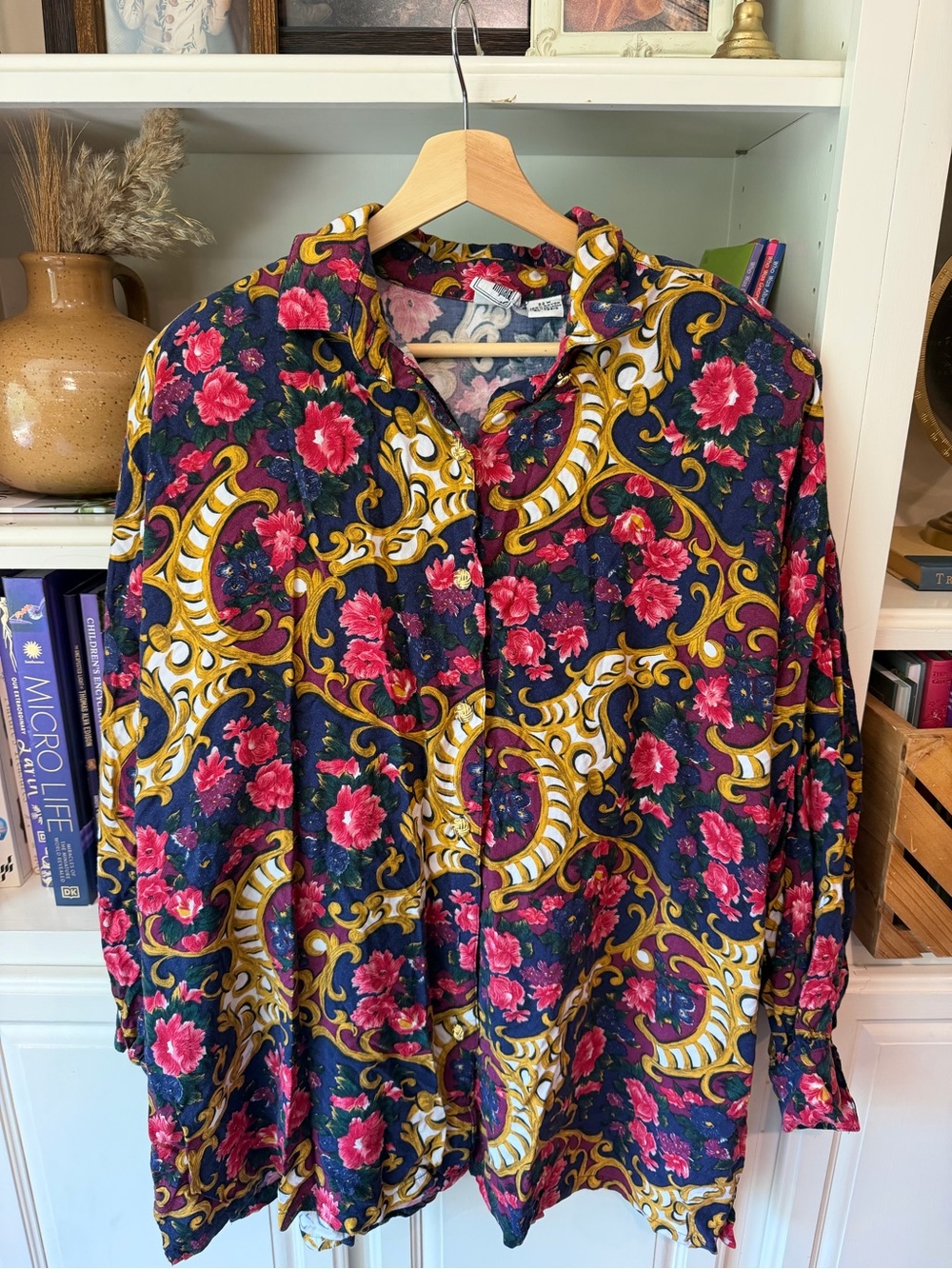 Vintage 90s Sudden Impact Floral Button-Up Blouse in Navy and Pink 22W